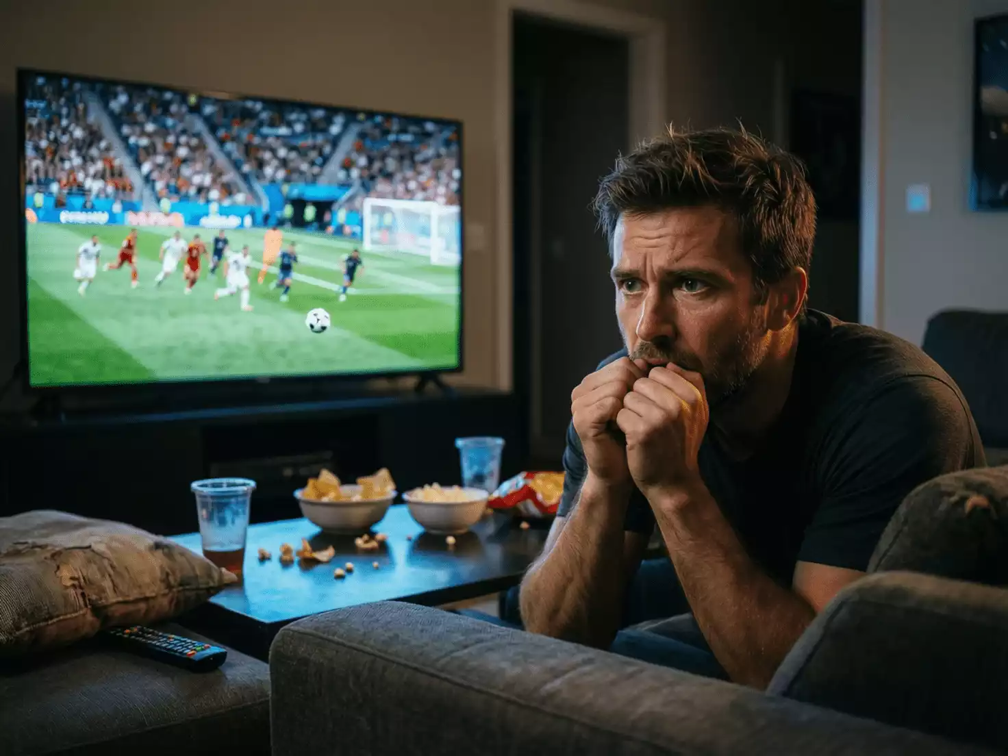 Aficionado viendo un partido de fútbol en televisión con expresión de tensión y emoción