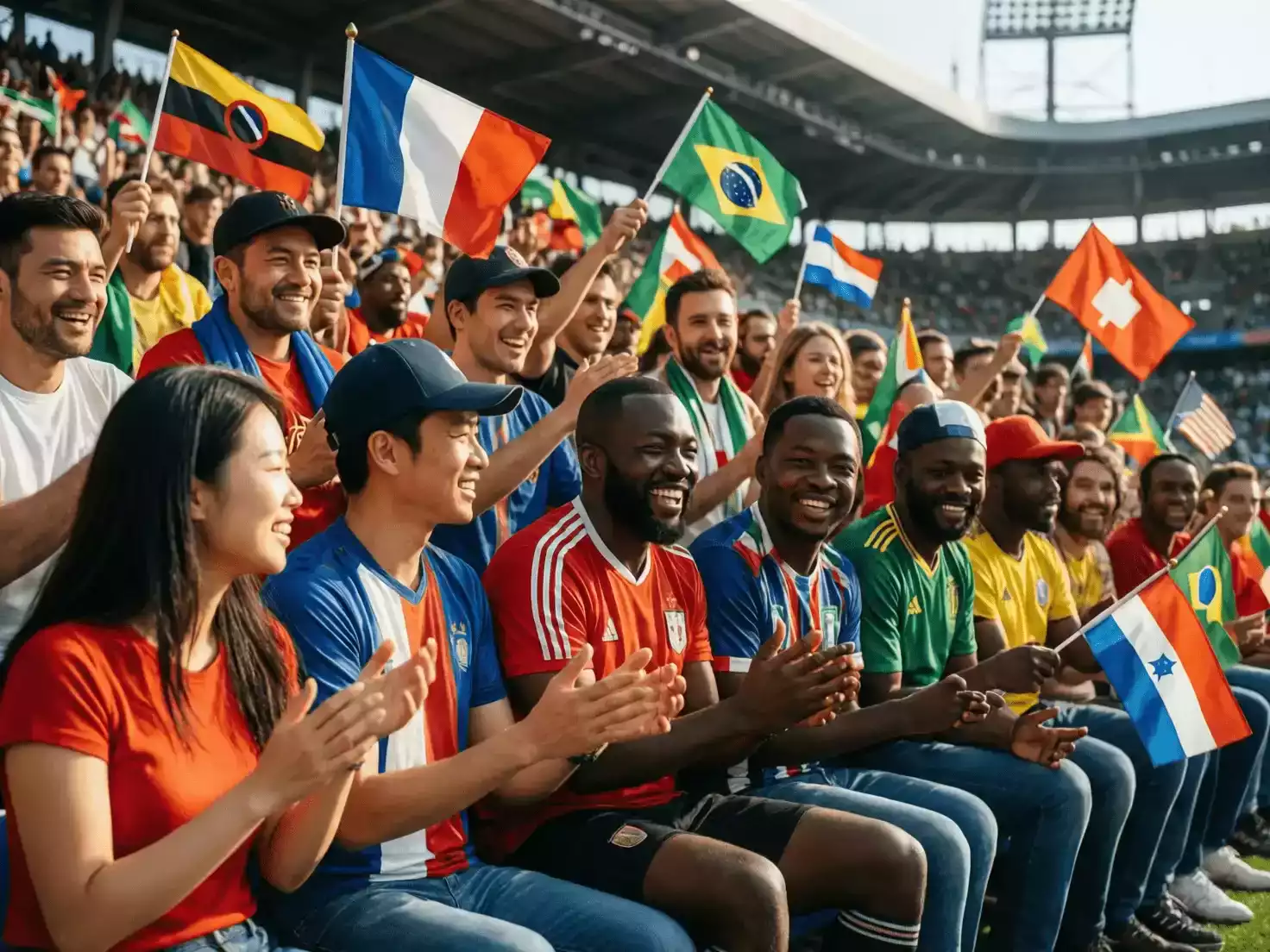 Aficionados de diferentes países celebrando juntos con sus banderas nacionales en la grada de un estadio