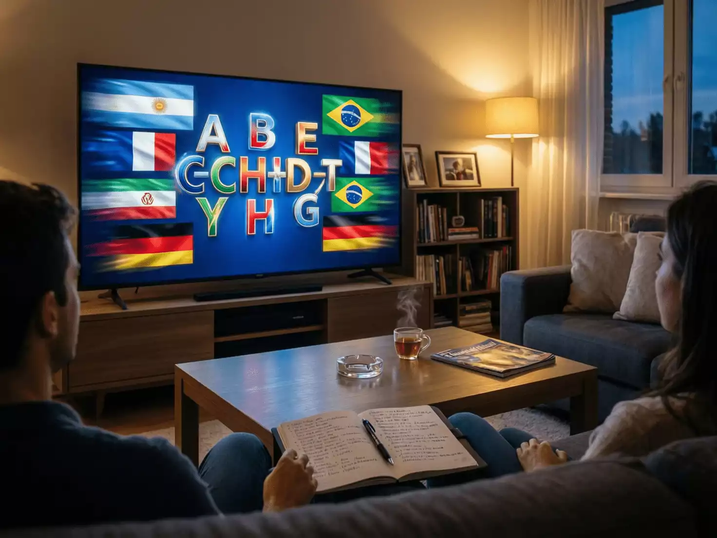 Pantalla de televisión mostrando el sorteo de grupos del Mundial con analistas observando