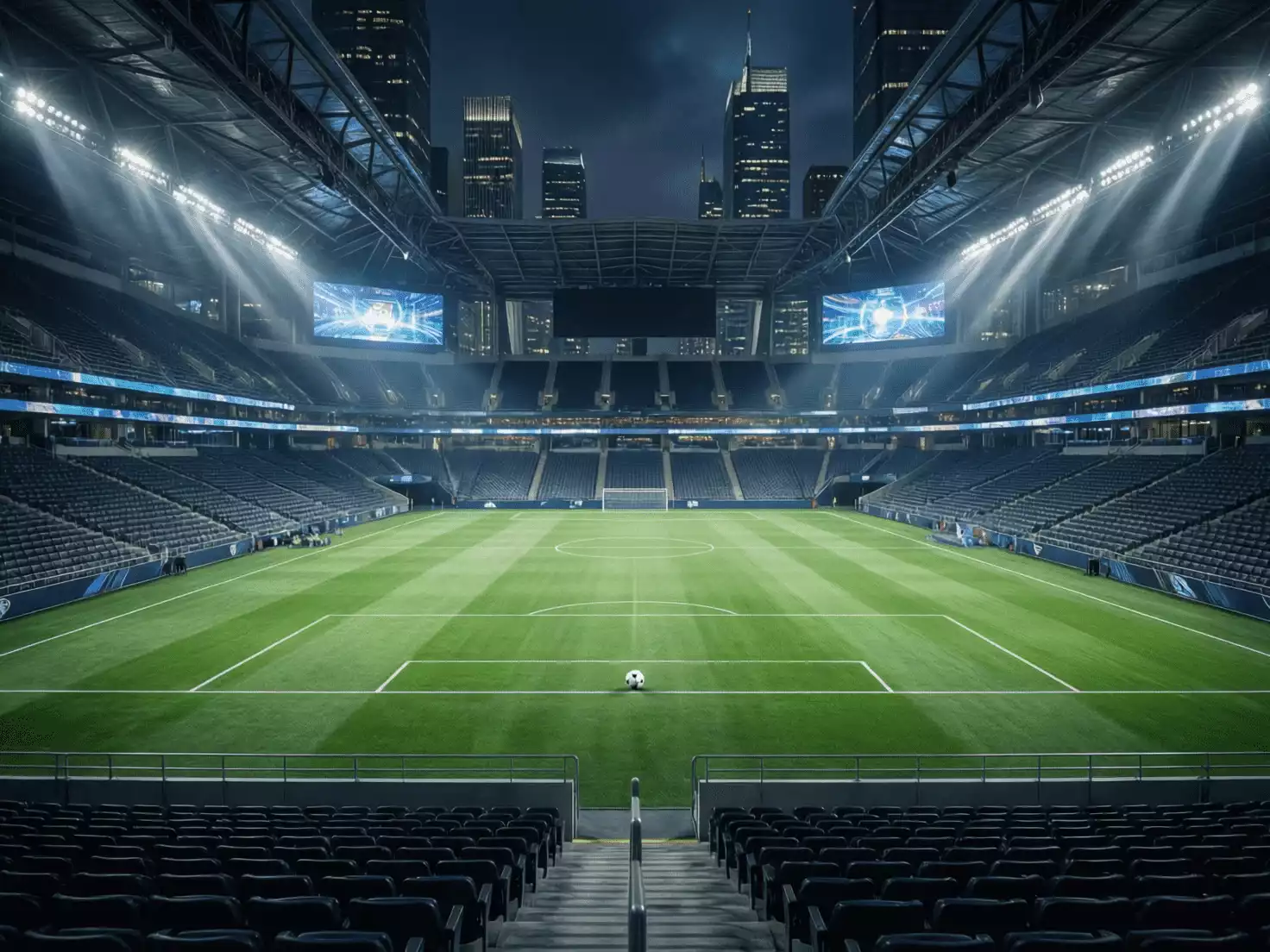 Estadio de fútbol moderno en Norteamérica preparado para un partido internacional nocturno