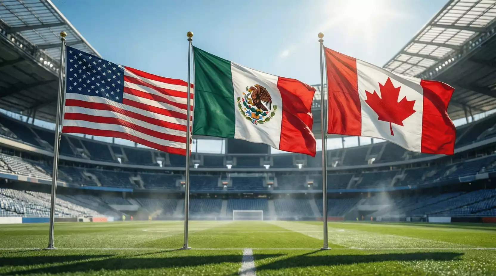 Banderas de Estados Unidos, México y Canadá ondeando juntas en un estadio de fútbol
