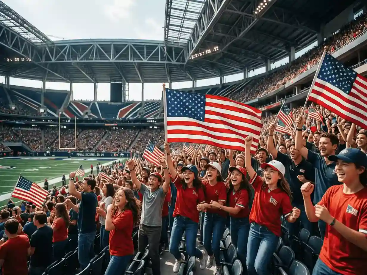 Aficionados estadounidenses celebrando con banderas en un estadio de fútbol moderno