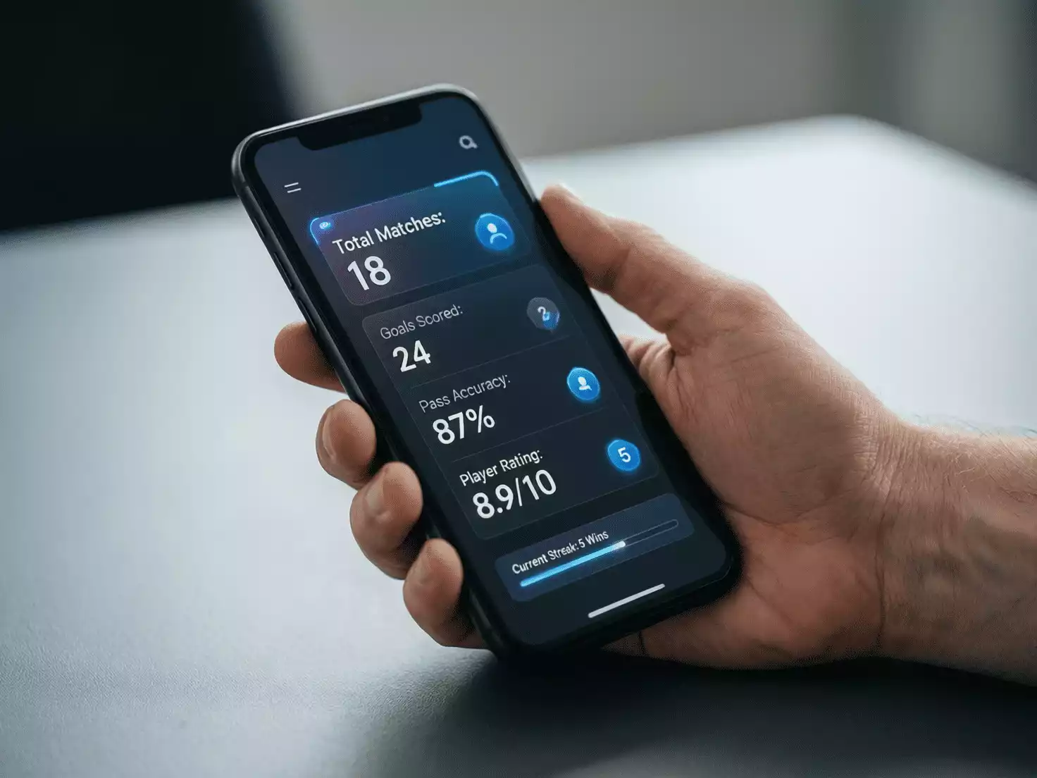 Mano sosteniendo smartphone con interfaz de aplicación deportiva visible