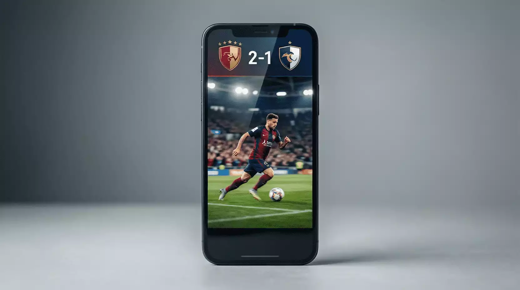 Smartphone mostrando aplicación deportiva con partido de fútbol de fondo