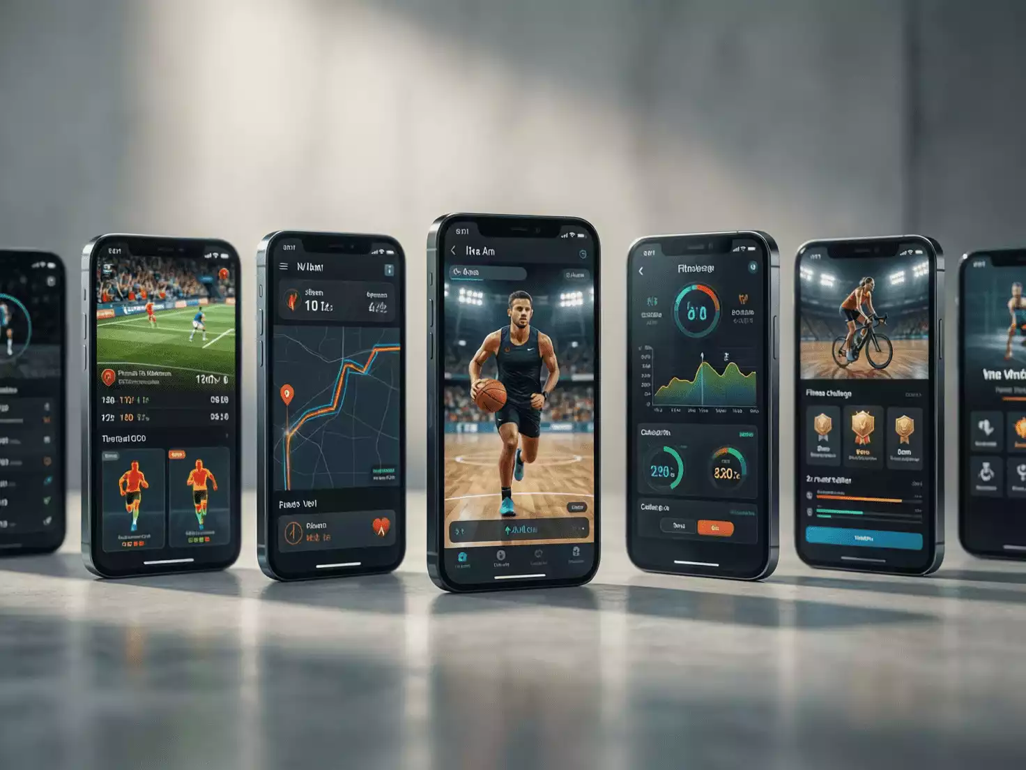 Múltiples smartphones alineados mostrando diferentes aplicaciones deportivas
