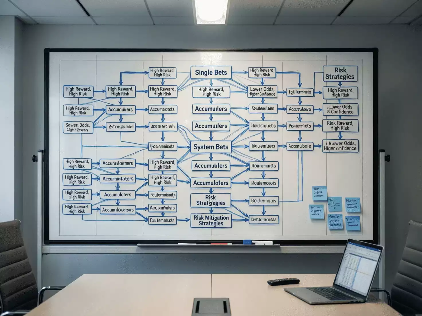Diagrama de estrategia con conexiones entre diferentes opciones de apuestas en pizarra