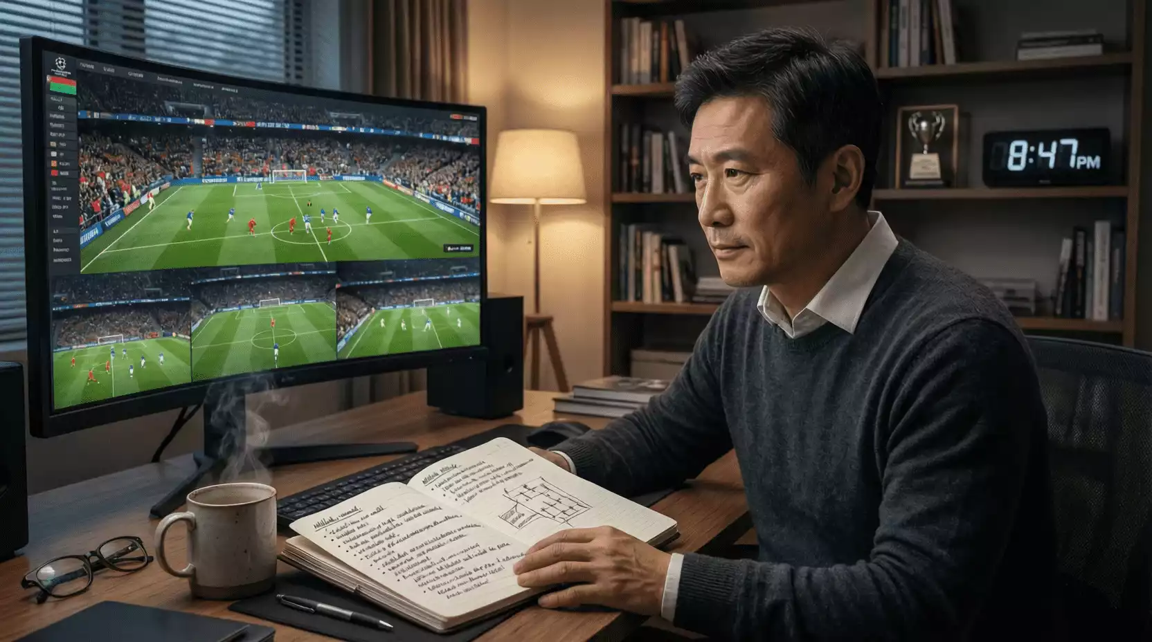 Persona analizando múltiples partidos de fútbol en pantalla con notas de estrategia