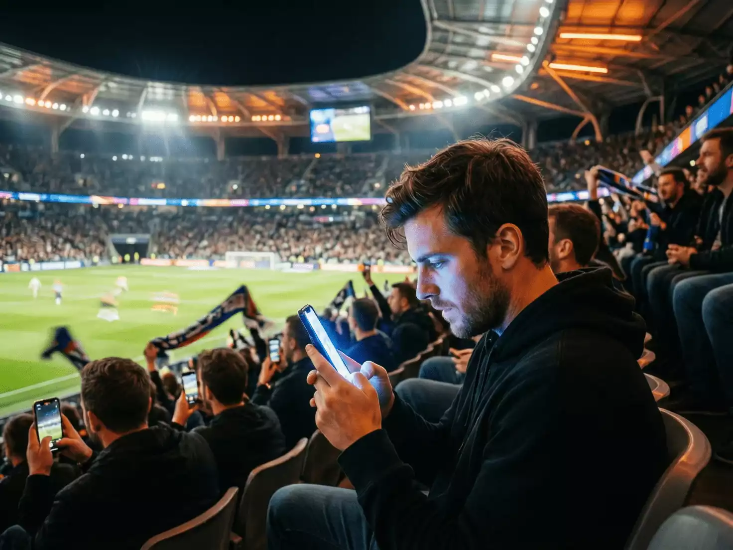 Aficionado en el estadio consultando su teléfono móvil durante un partido nocturno