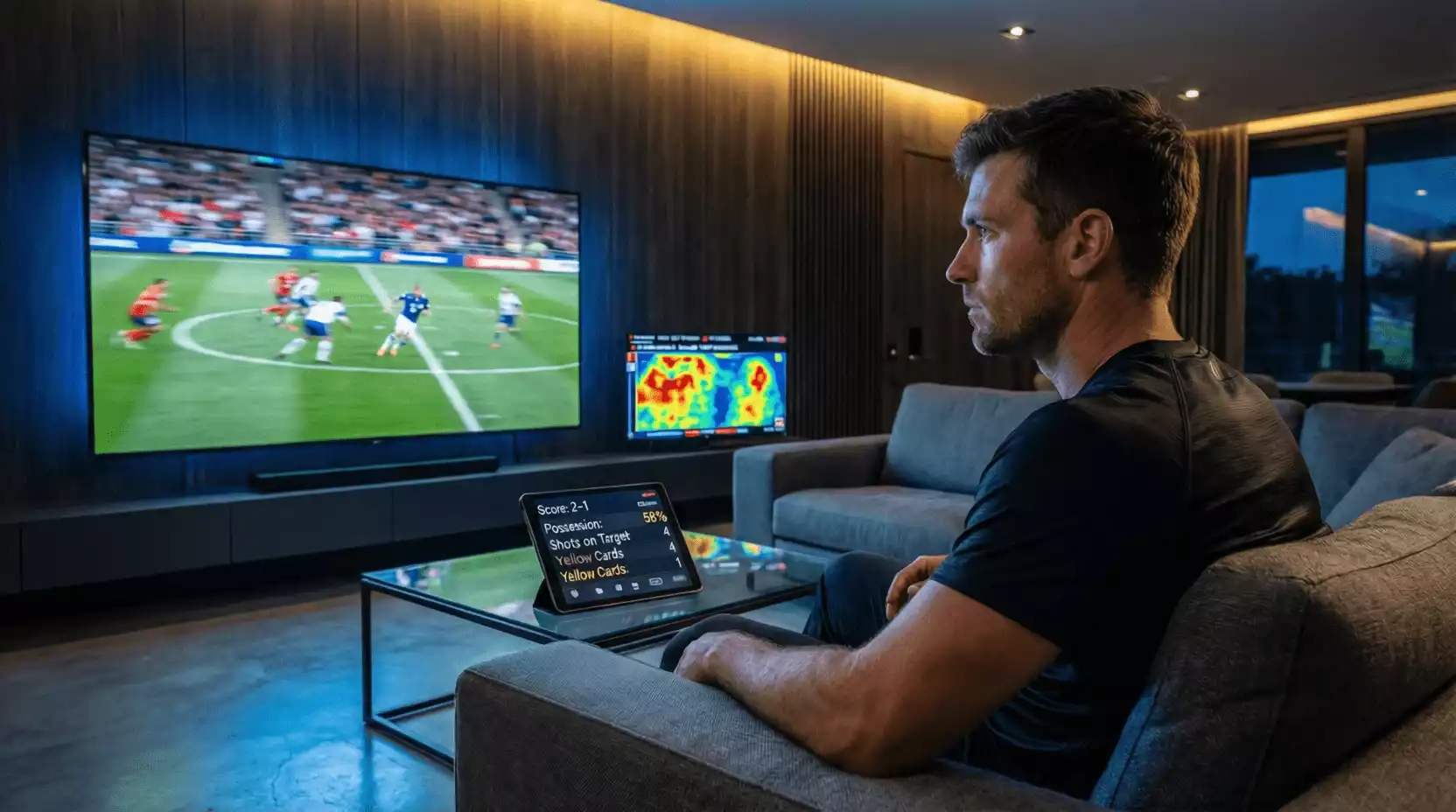 Aficionado viendo partido de fútbol en vivo con múltiples pantallas mostrando estadísticas