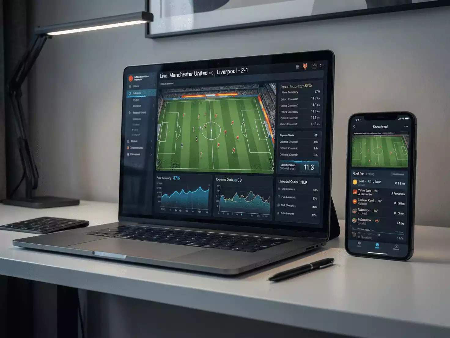 Configuración de múltiples dispositivos mostrando estadísticas de fútbol en tiempo real