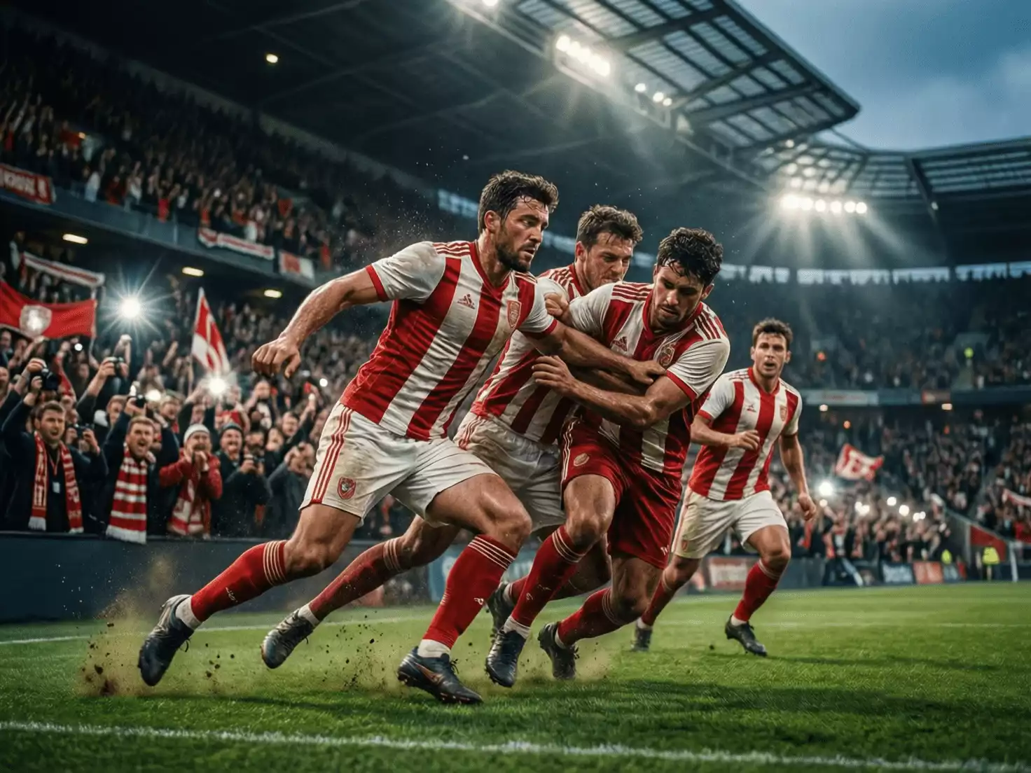 Partido de fútbol en desarrollo con jugadores en acción intensa en el campo