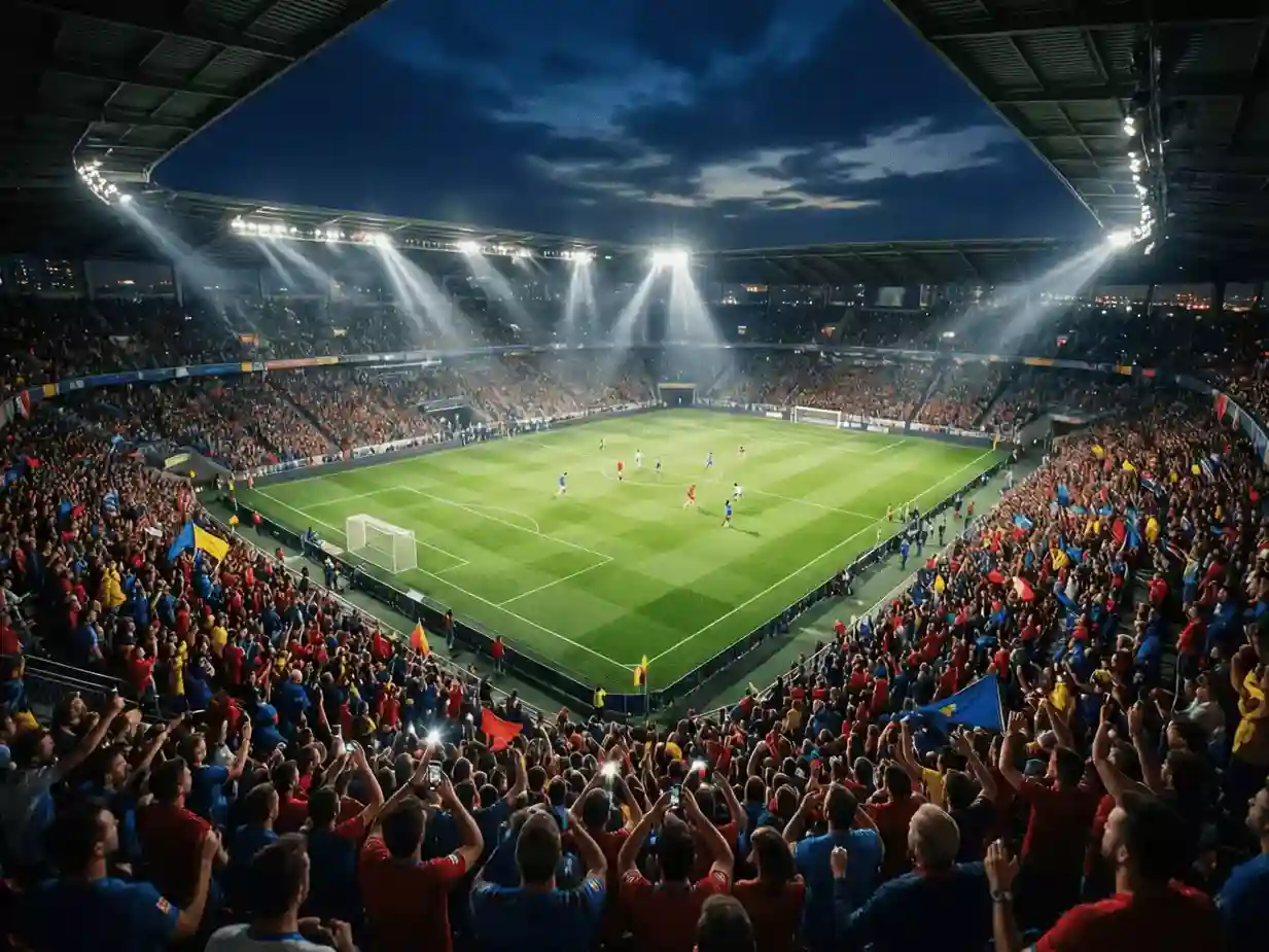 Estadio de fútbol lleno de espectadores durante un partido nocturno con iluminación dramática