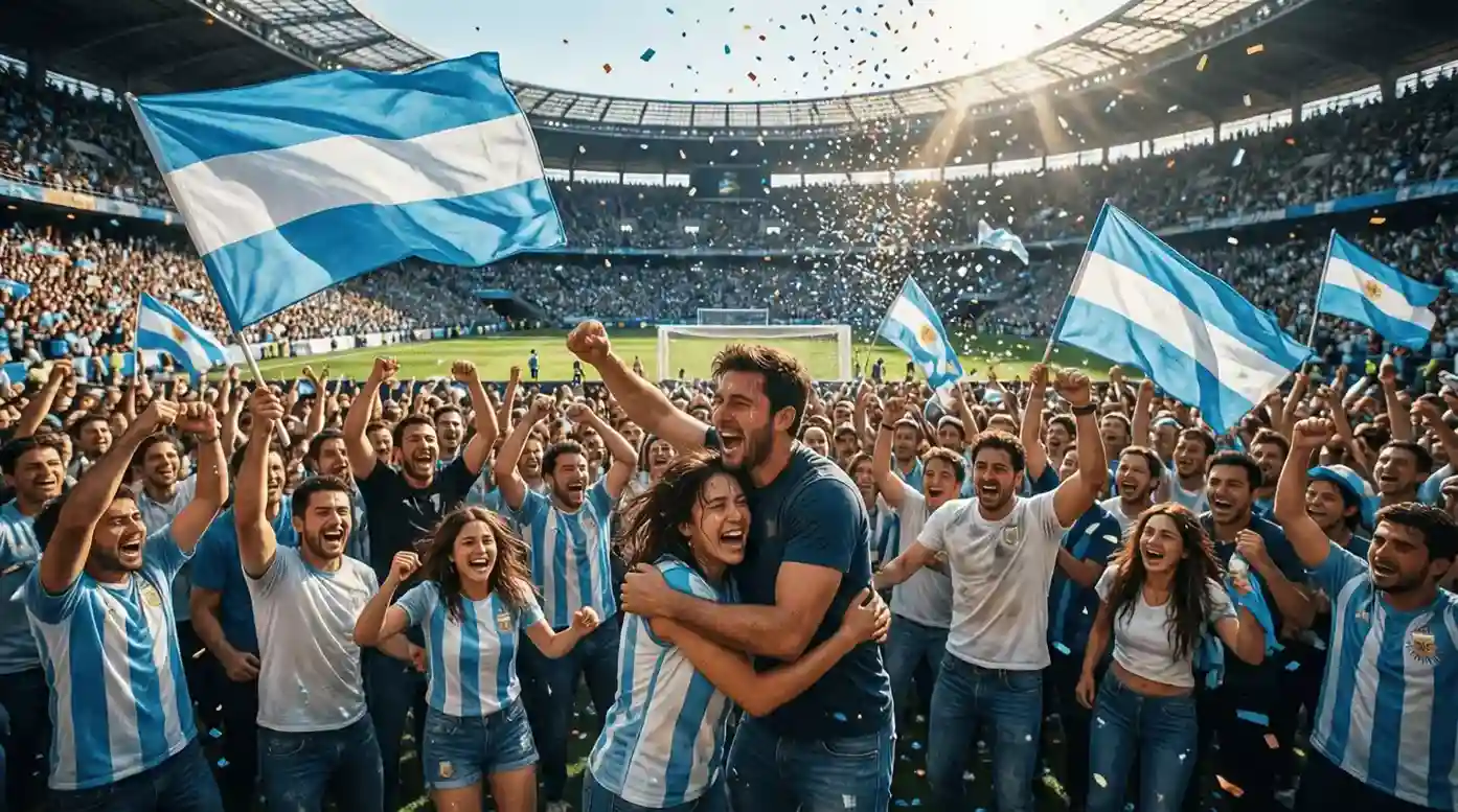 Aficionados argentinos celebrando con banderas albicelestes en un estadio de fútbol