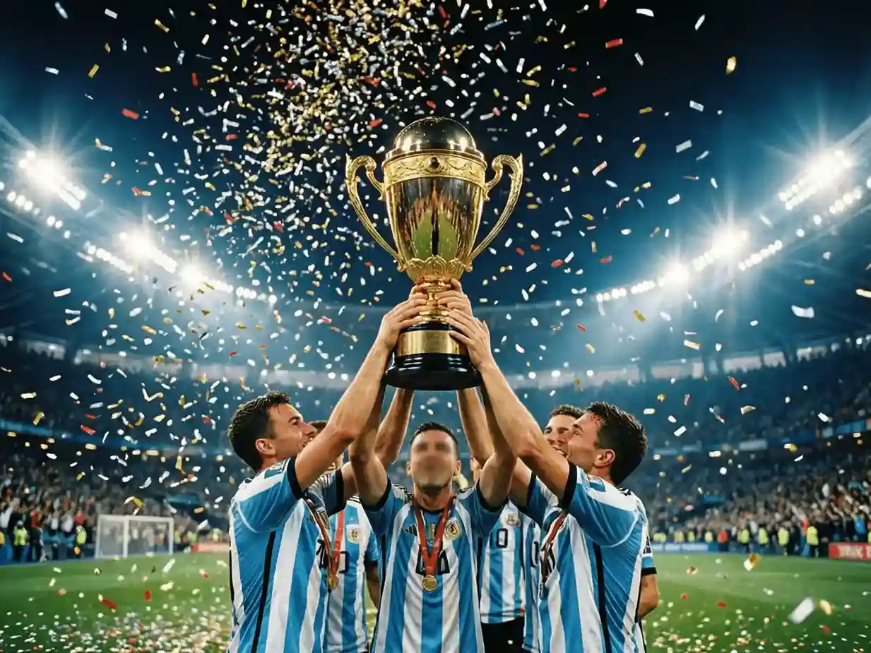 Jugadores de fútbol argentinos levantando un trofeo en celebración victoriosa