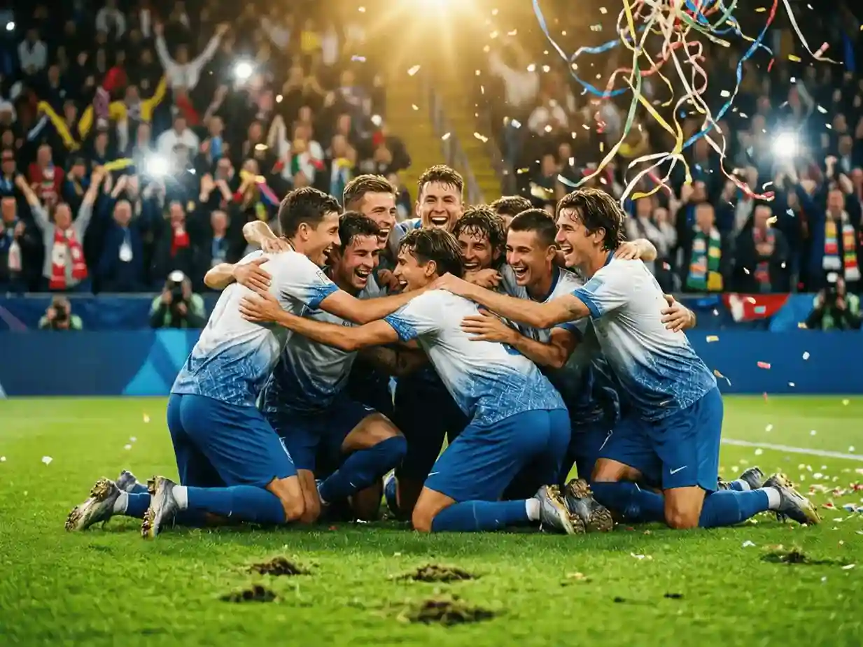 Jugadores de una selección celebrando un gol abrazados en el campo de fútbol