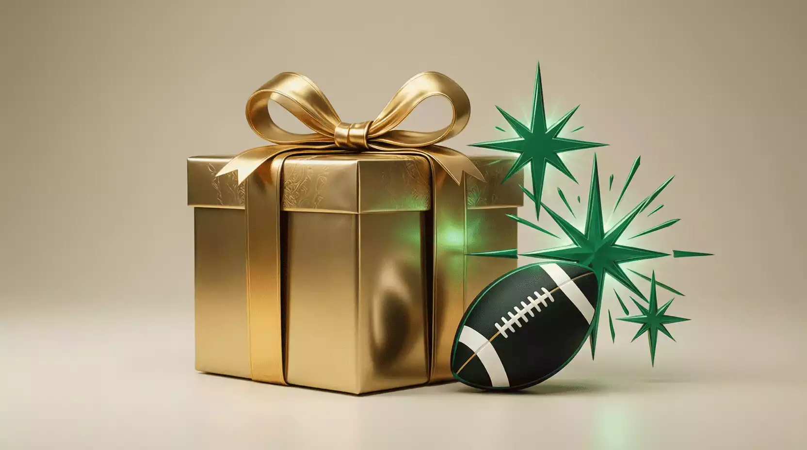 Regalo envuelto junto a elementos de fútbol representando ofertas promocionales