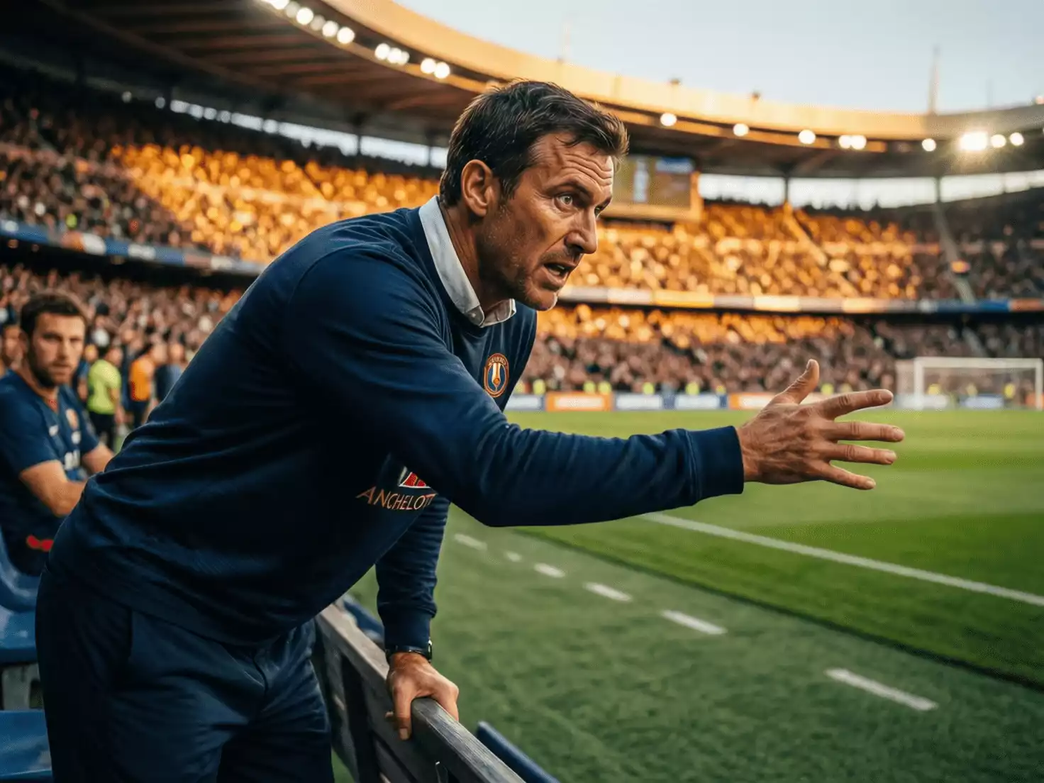 Entrenador de fútbol dando instrucciones tácticas a sus jugadores en el banquillo durante un partido