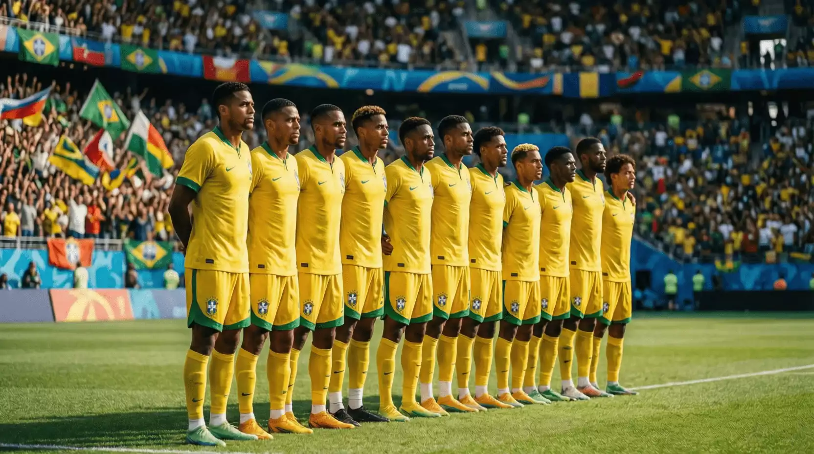 Selección brasileña de fútbol en formación antes de un partido internacional con camisetas amarillas
