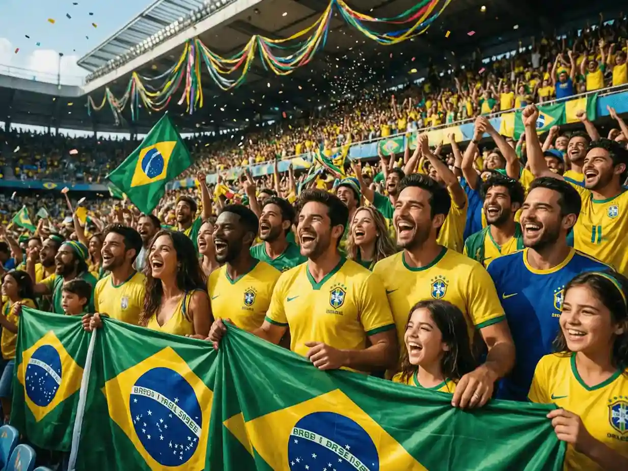 Aficionados brasileños con camisetas amarillas animando en las gradas de un estadio de fútbol