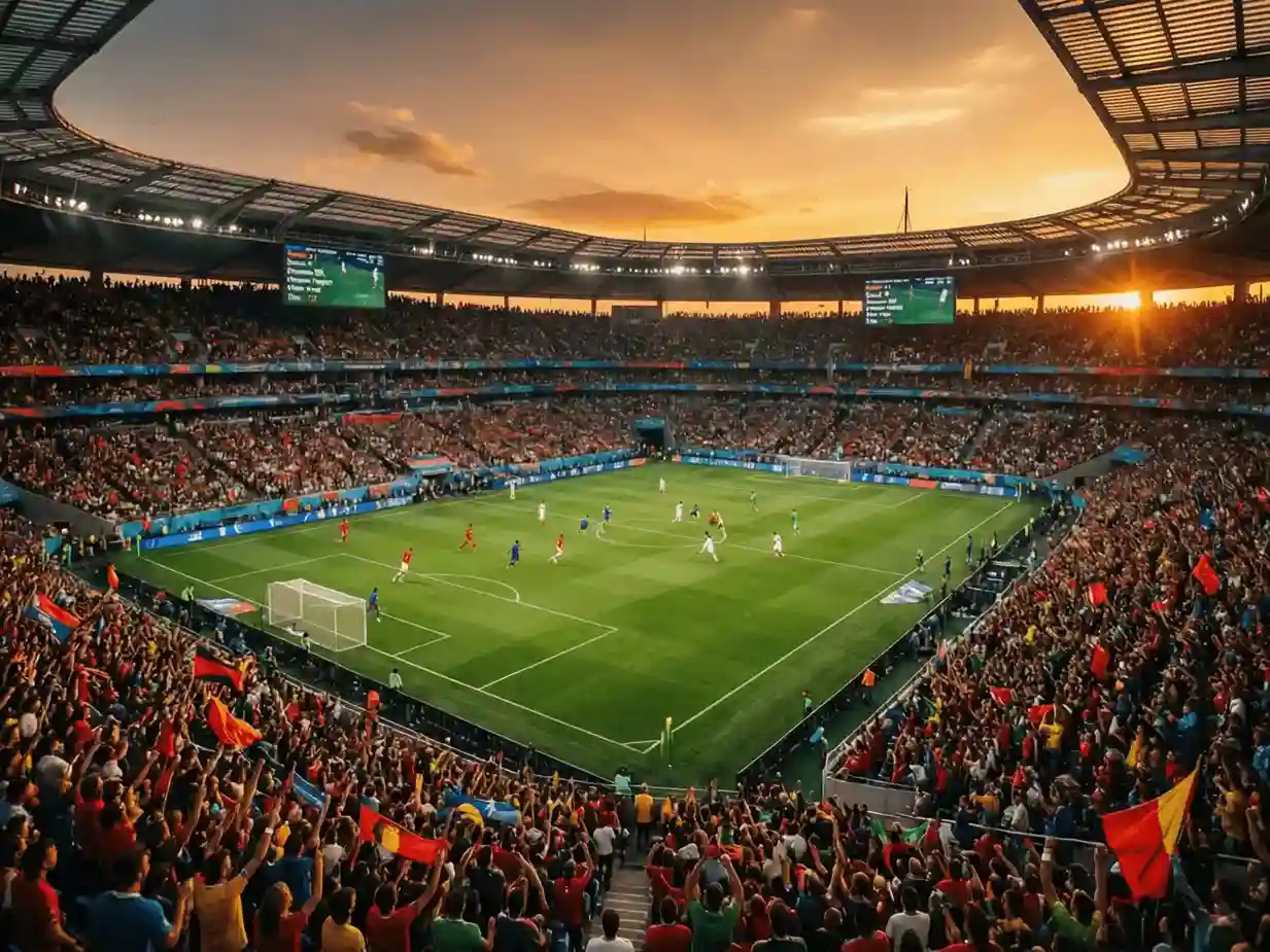 Vista panorámica de un estadio de fútbol lleno durante un partido del Mundial con pantallas mostrando estadísticas