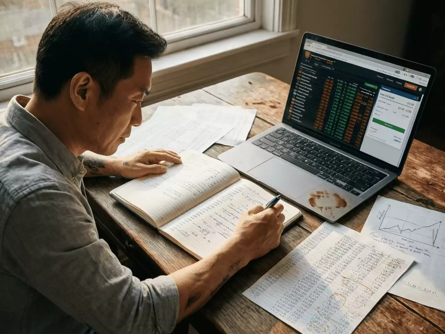 Persona escribiendo cálculos en un cuaderno con un ordenador portátil mostrando cuotas de apuestas