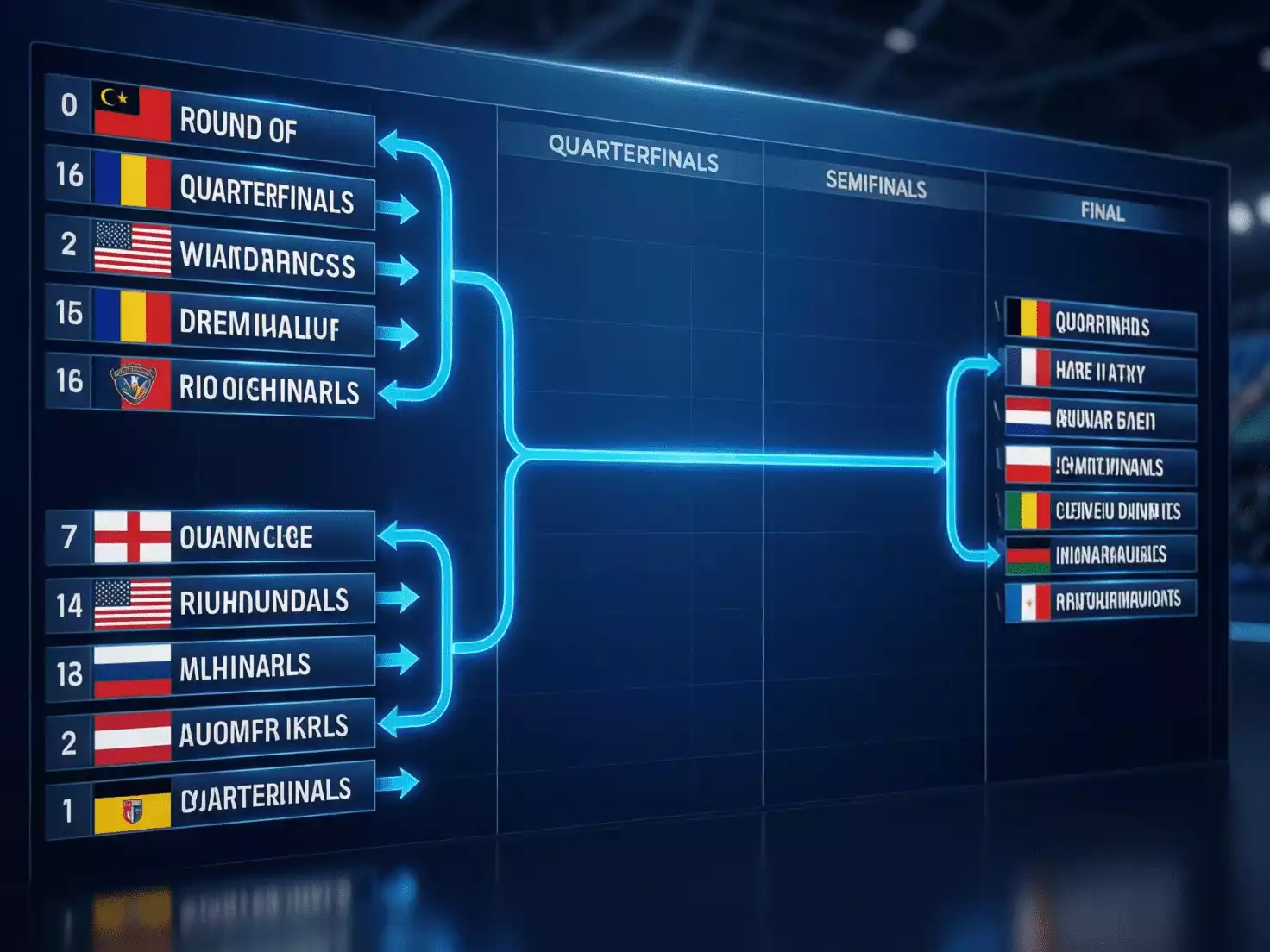 Bracket de torneo eliminatorio con equipos avanzando hacia la final
