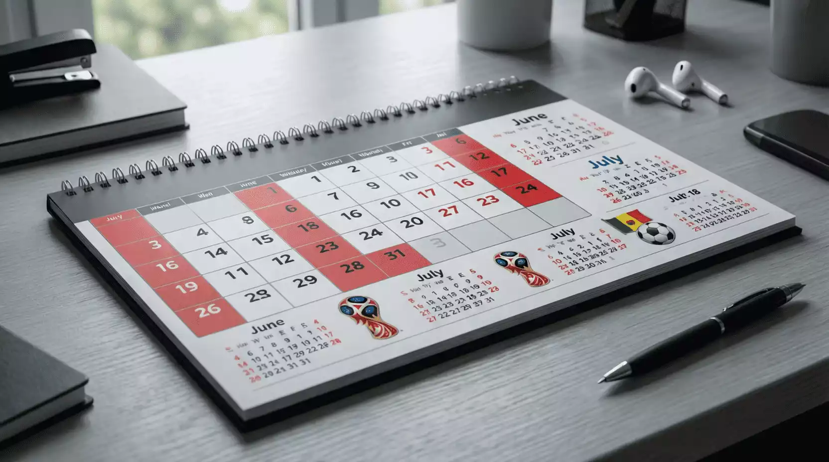 Calendario con fechas marcadas junto a balón de fútbol y elementos del Mundial