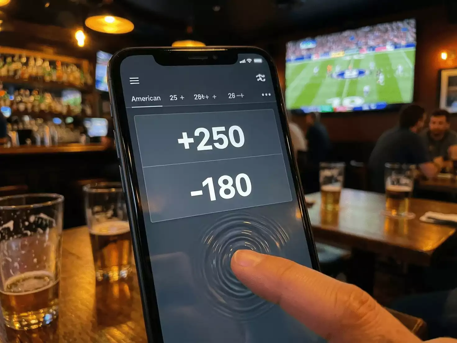 Pantalla de aplicación móvil de apuestas deportivas mostrando cuotas en formato americano