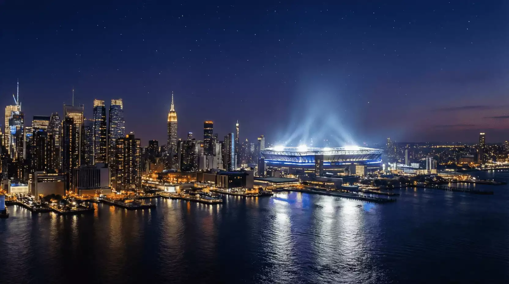Skyline de Nueva York con el estadio MetLife iluminado durante un evento deportivo nocturno
