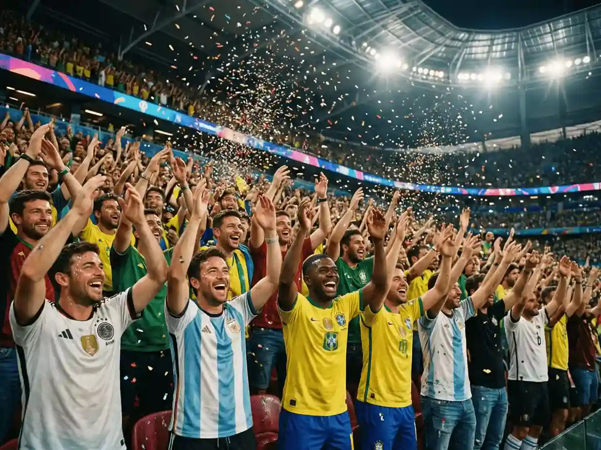 Aficionados de fútbol celebrando en las gradas de un estadio moderno durante un partido del Mundial