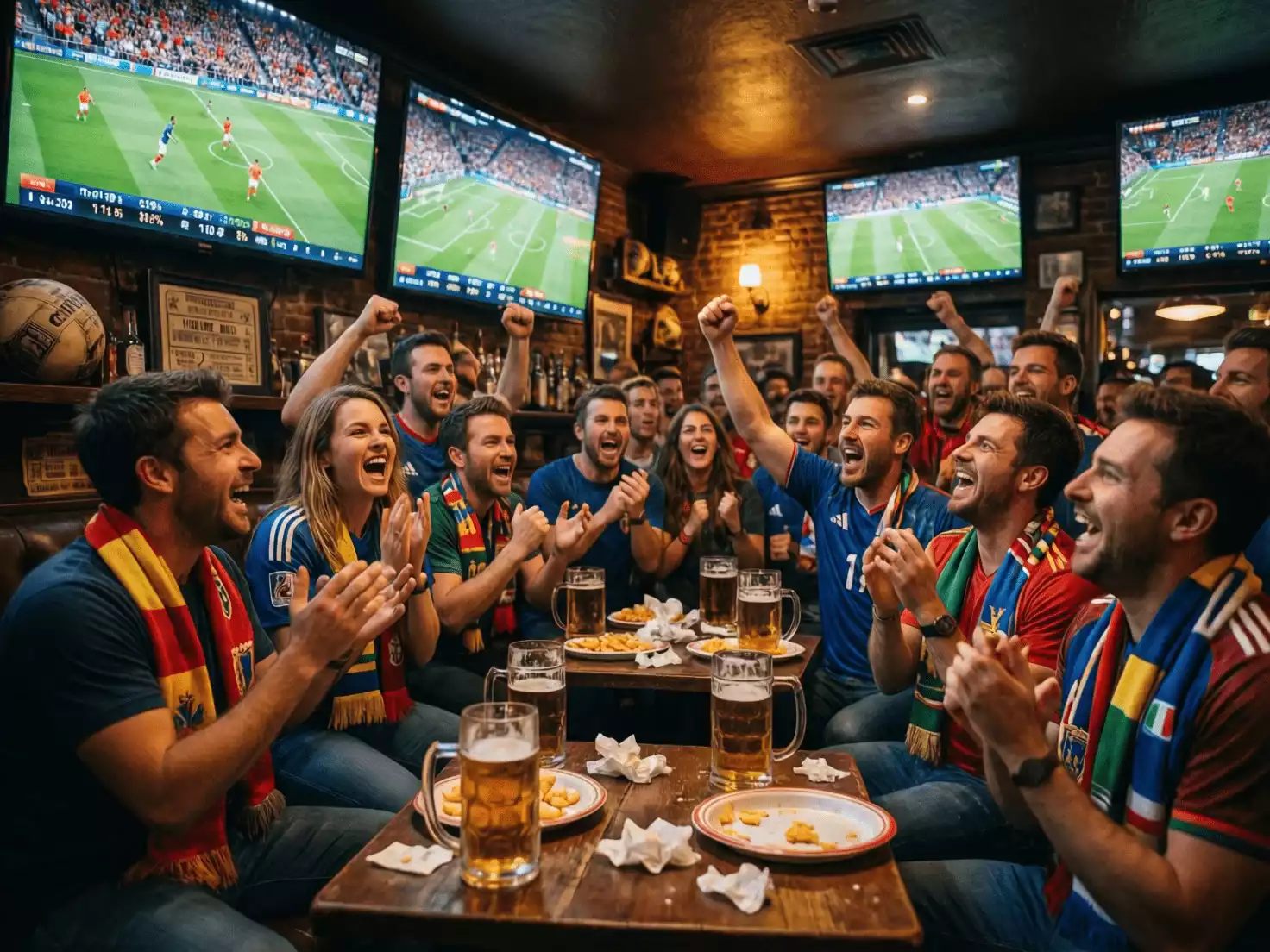 Aficionados viendo un partido de fútbol en un bar deportivo con pantallas mostrando estadísticas