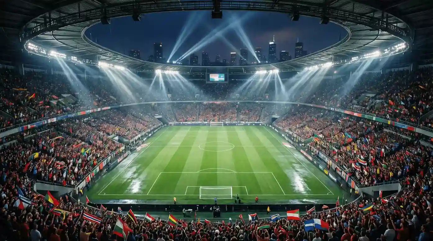 Estadio de fútbol iluminado durante un partido nocturno del Mundial 2026