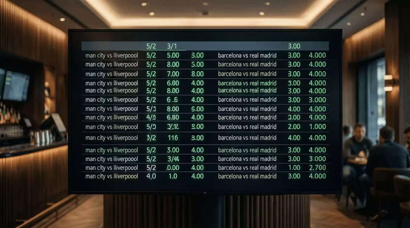 Tablero de apuestas deportivas mostrando cuotas de fútbol en formato fraccionario y decimal