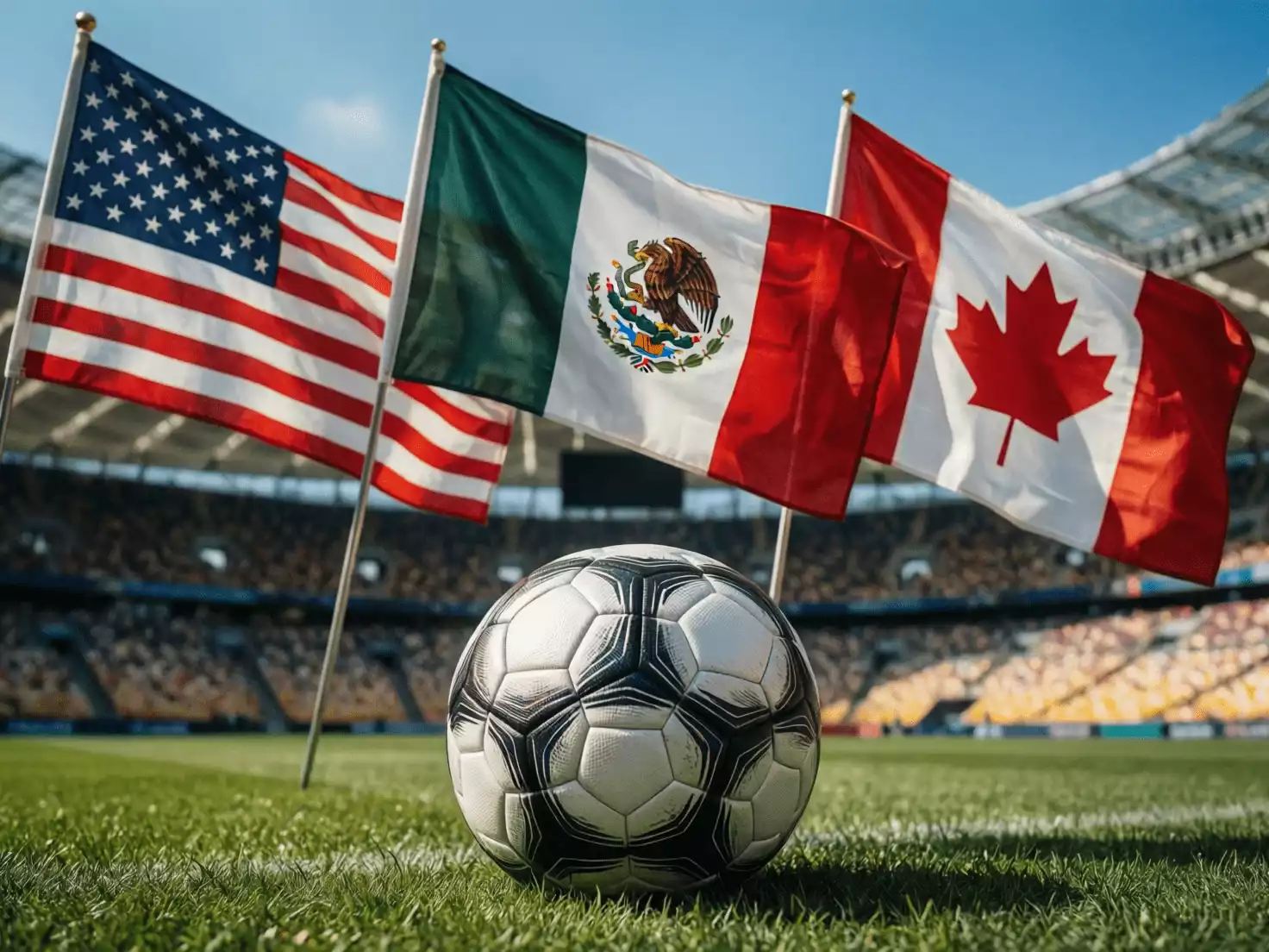 Banderas de Estados Unidos, México y Canadá junto a un balón de fútbol oficial del Mundial