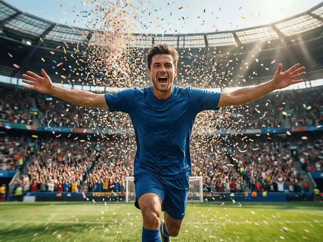 Delantero celebrando un gol con los brazos abiertos en un estadio lleno de aficionados