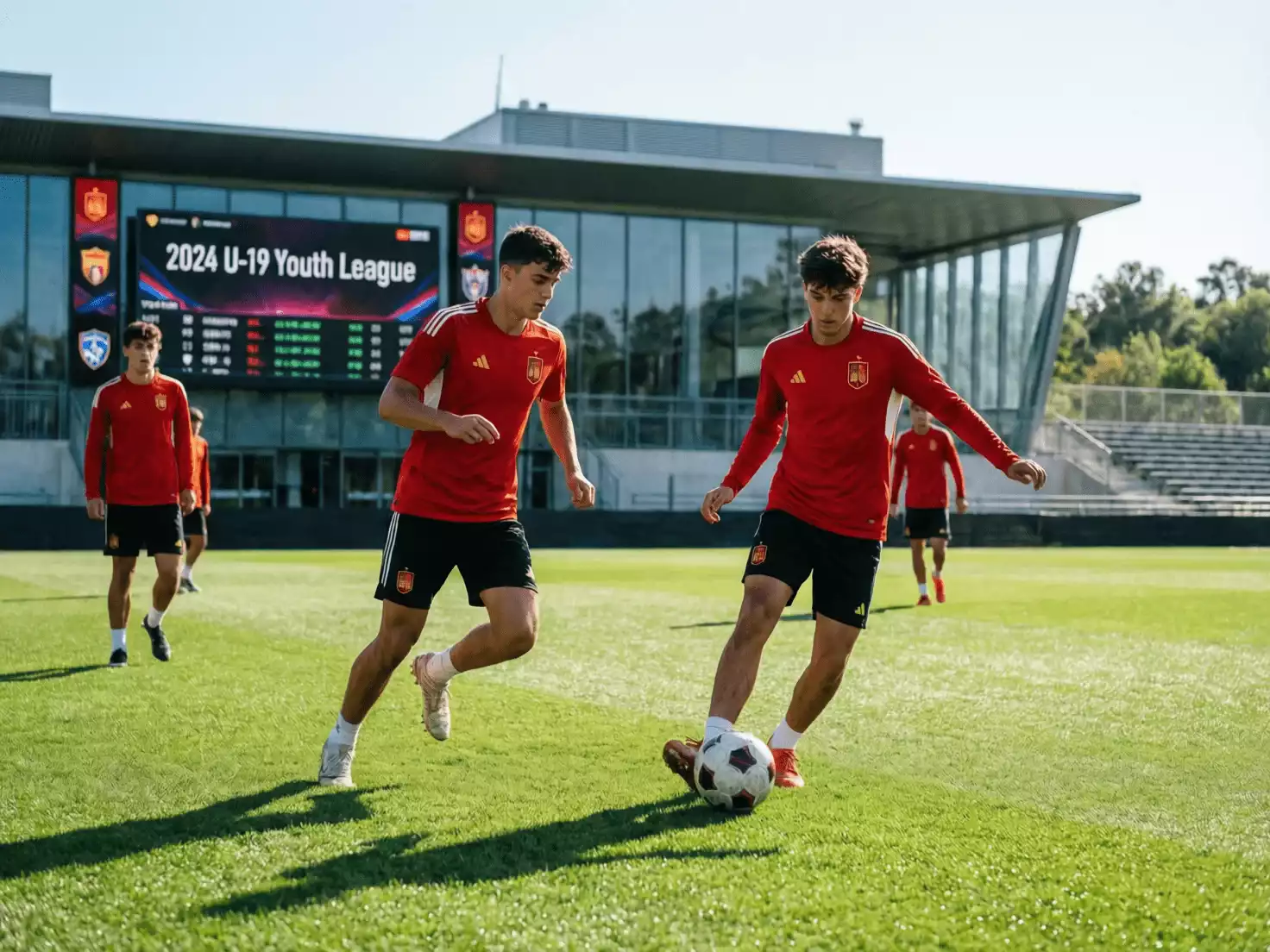 Jóvenes jugadores de fútbol españoles entrenando en un campo de hierba bajo el sol