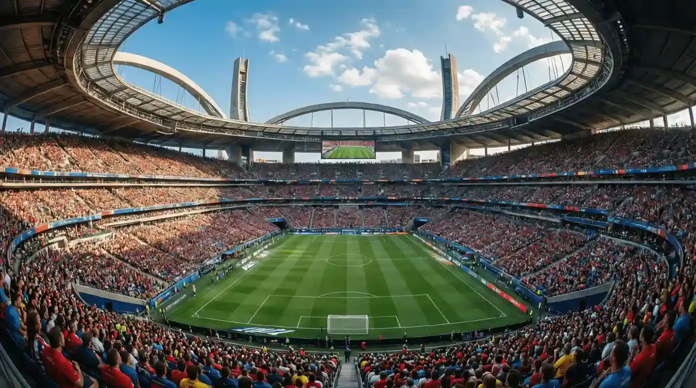 Vista panorámica de un moderno estadio de fútbol estadounidense con el césped verde y gradas llenas