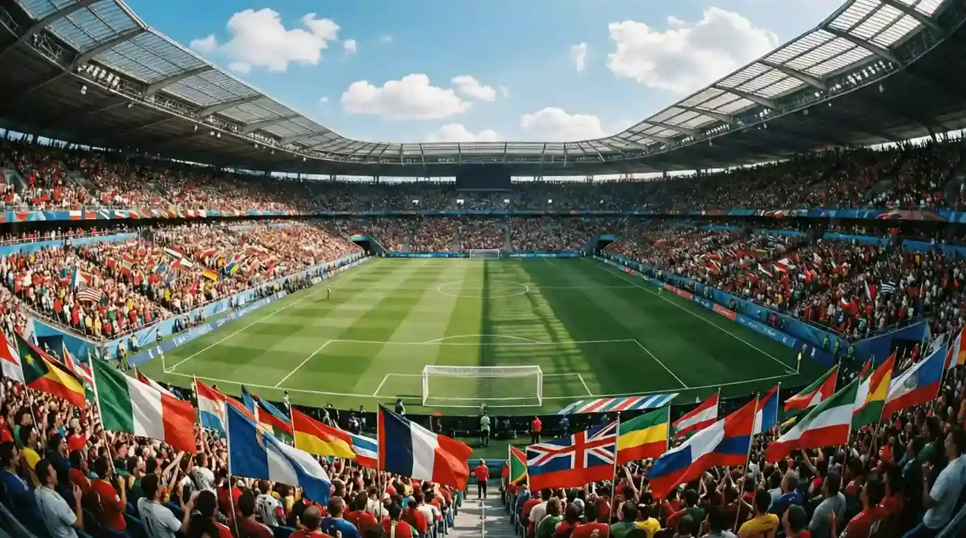 Estadio de fútbol con banderas de múltiples países ondeando alrededor del campo