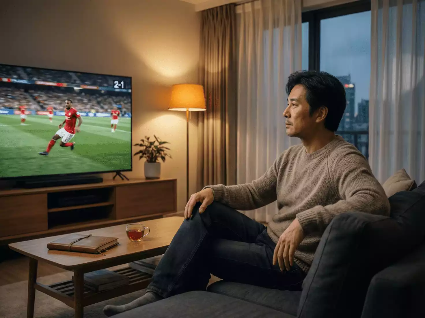 Persona relajada viendo fútbol en televisión con actitud tranquila y controlada