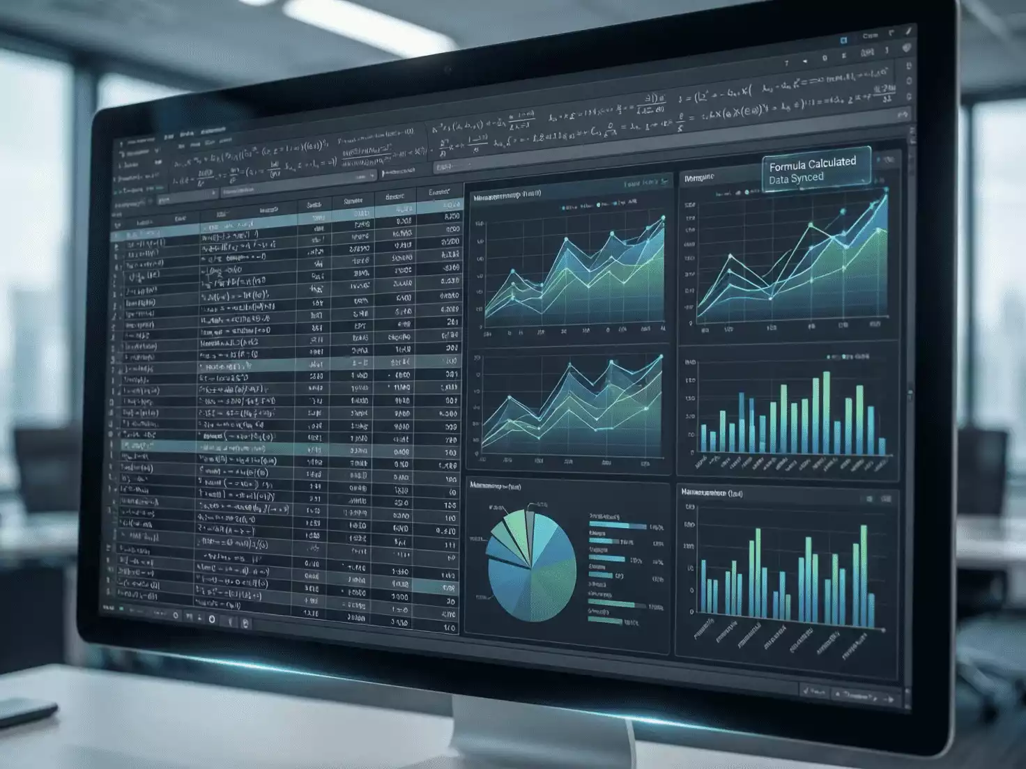 Hoja de cálculo con fórmulas matemáticas y gráficos de gestión financiera en pantalla de ordenador