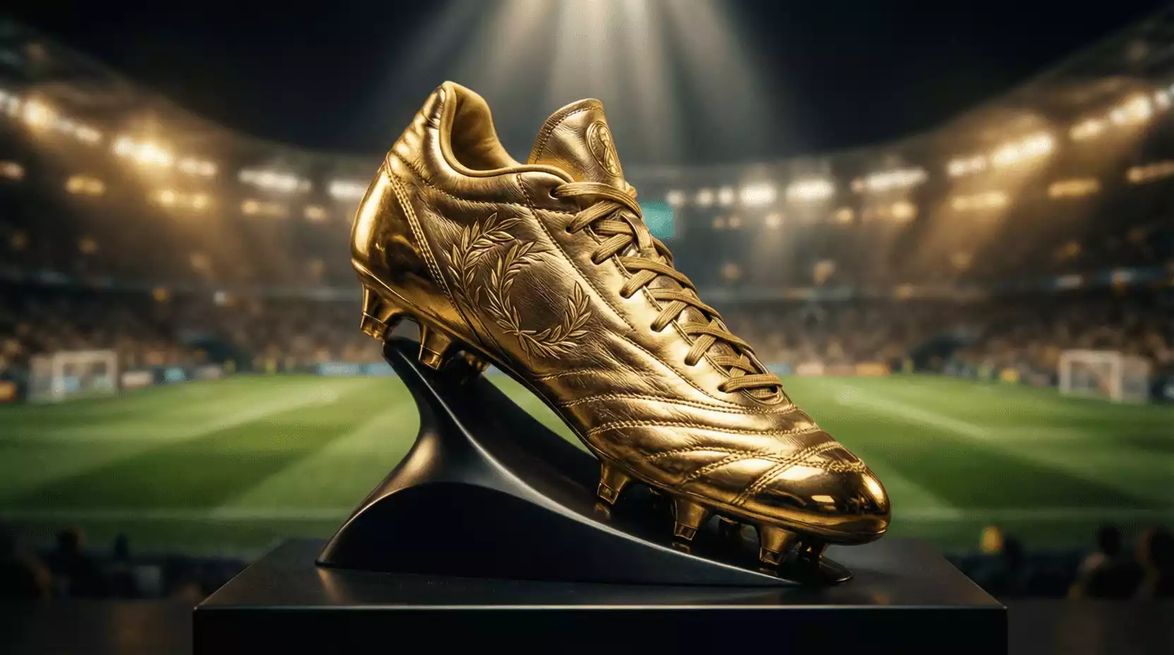 Bota de Oro del Mundial sobre un pedestal iluminado con un campo de fútbol de fondo