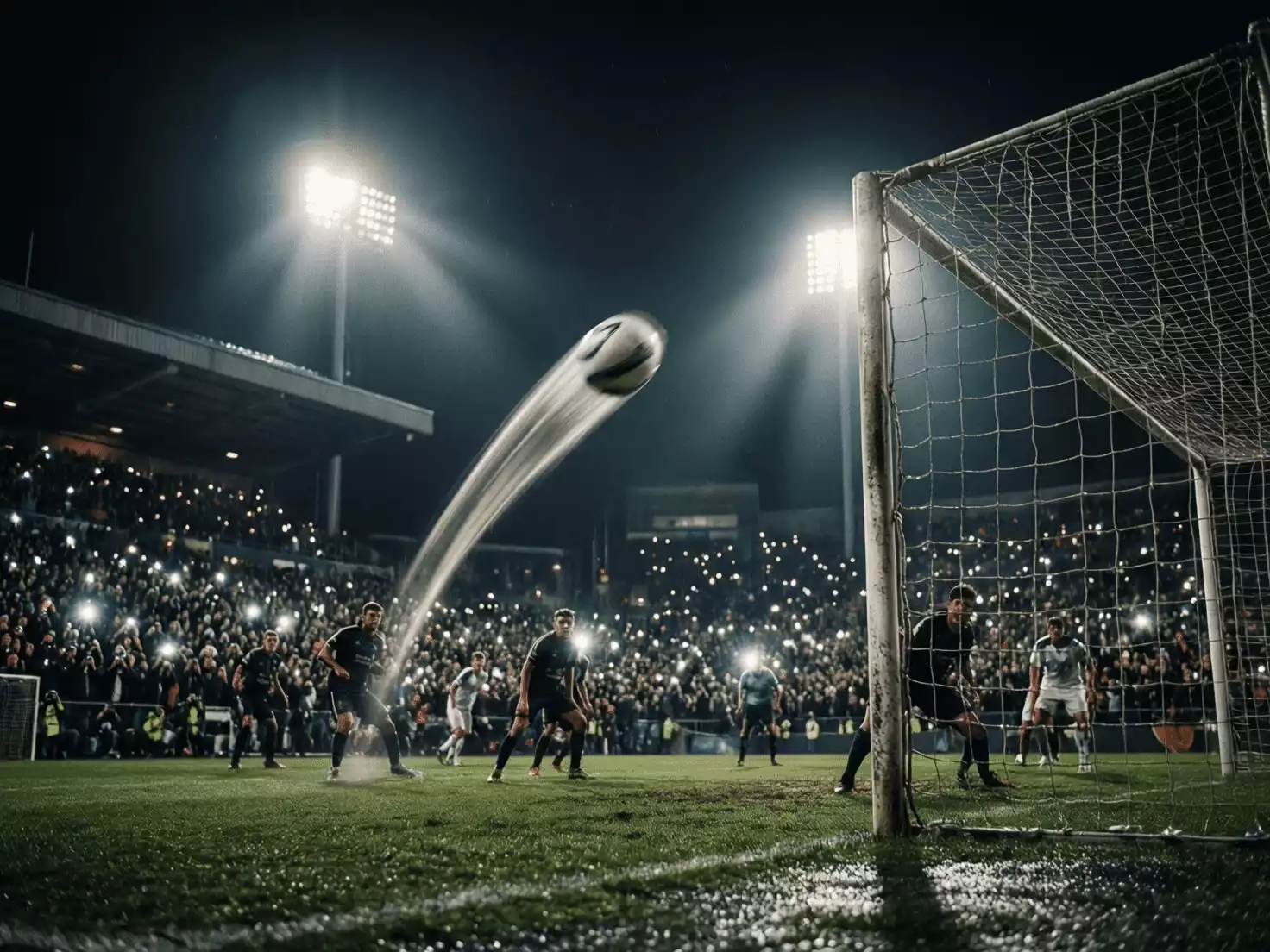 Saque de esquina durante un partido de fútbol nocturno con estadio lleno