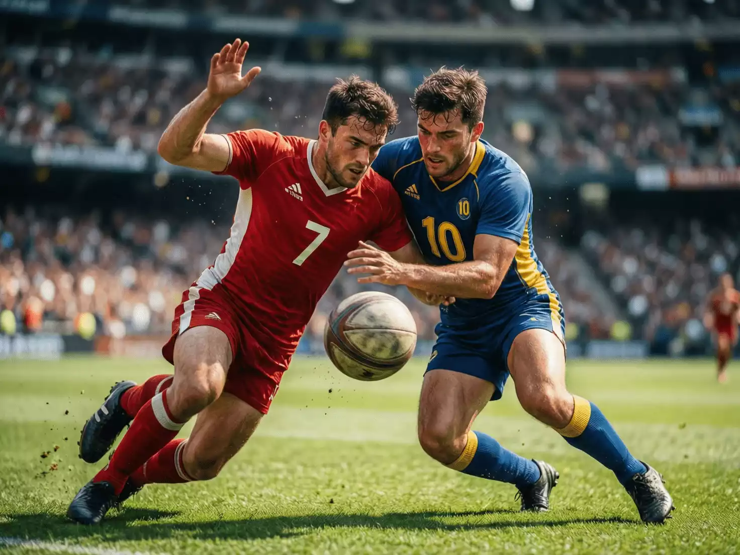 Jugadores de fútbol disputando un balón dividido con intensidad física