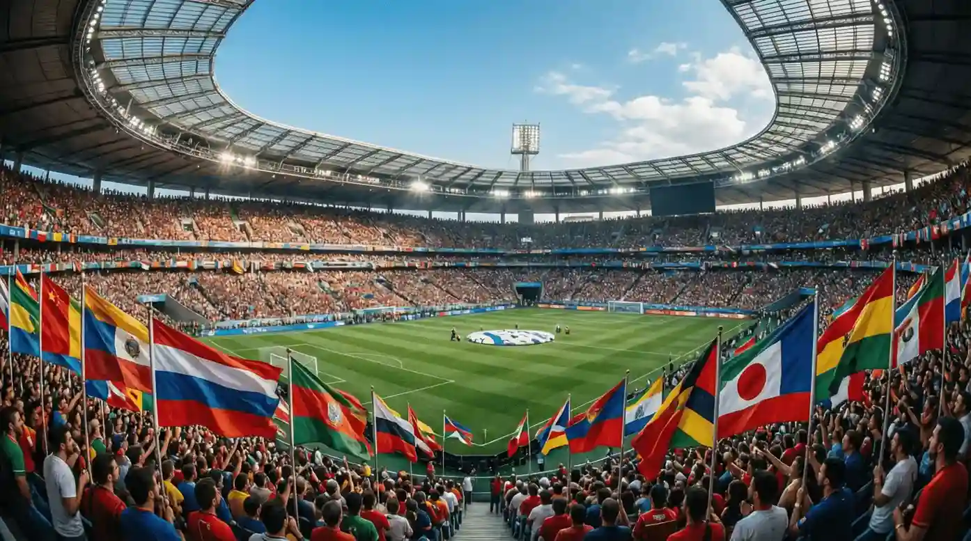 Estadio de fútbol moderno con múltiples banderas de diferentes países
