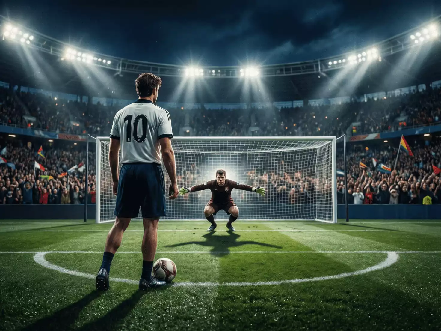 Jugador preparándose para lanzar un penalti en un estadio de fútbol durante un partido nocturno