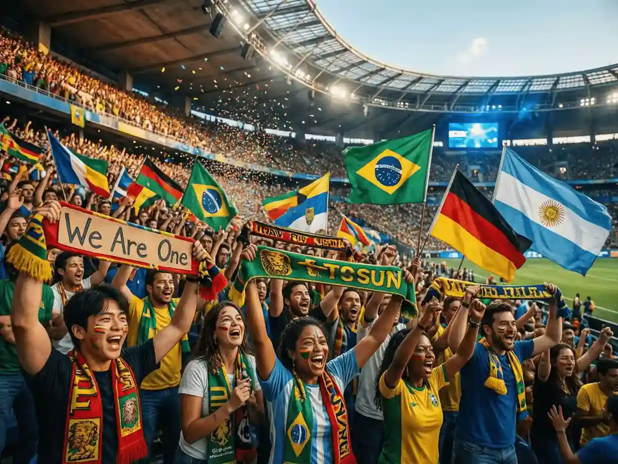 Aficionados de diferentes países animando juntos en estadio de fútbol