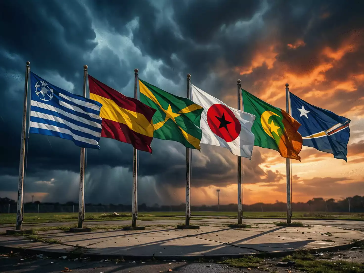Banderas de diferentes confederaciones de fútbol ondeando juntas
