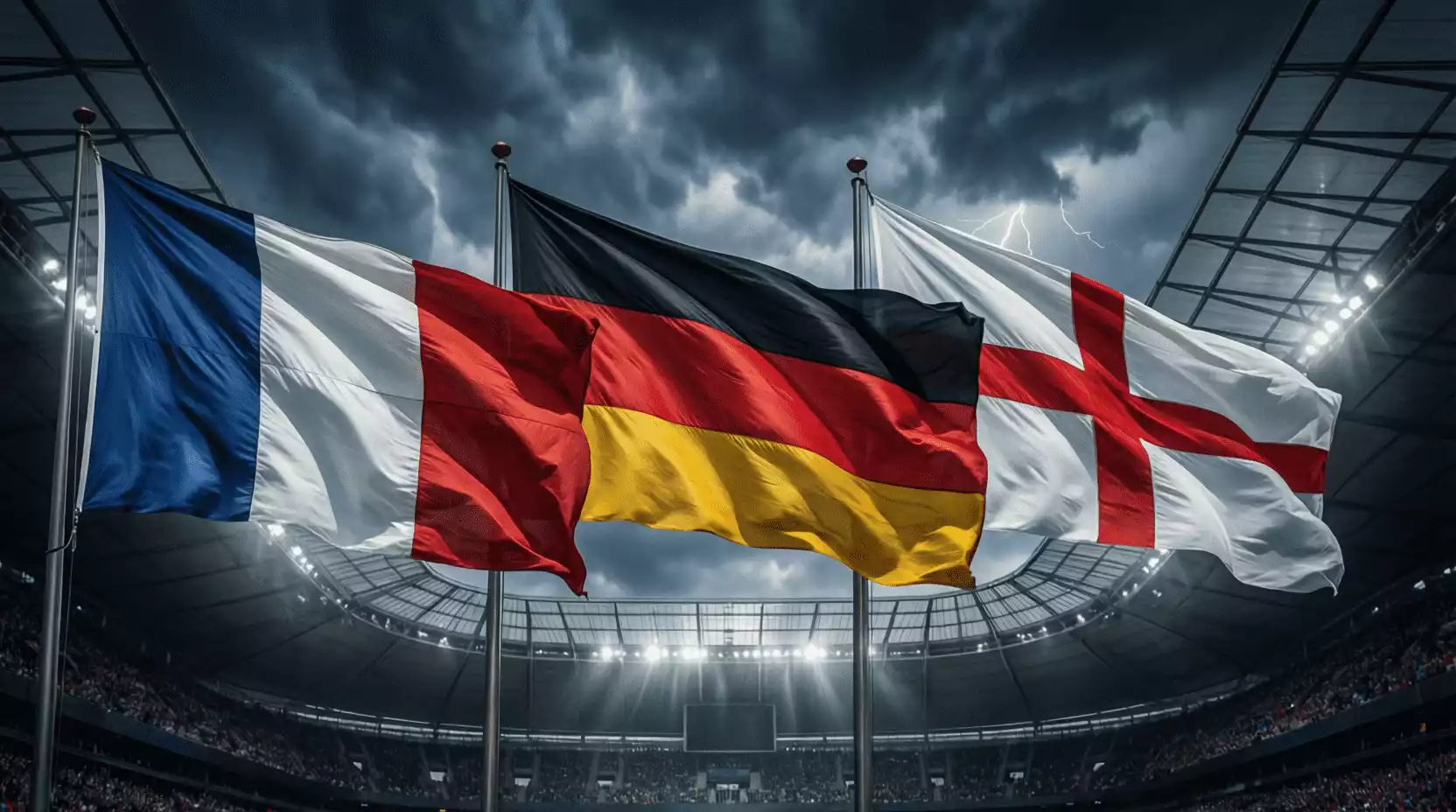Tres banderas europeas de Francia, Inglaterra y Alemania ondeando juntas en un estadio de fútbol