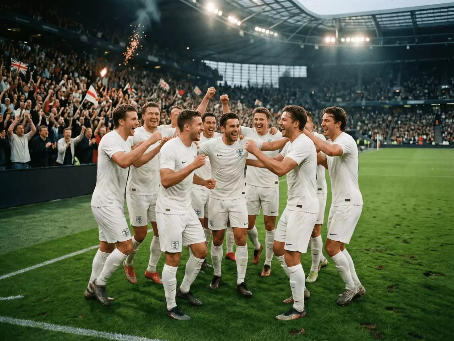 Jugadores de fútbol ingleses con camisetas blancas celebrando un gol en un estadio moderno