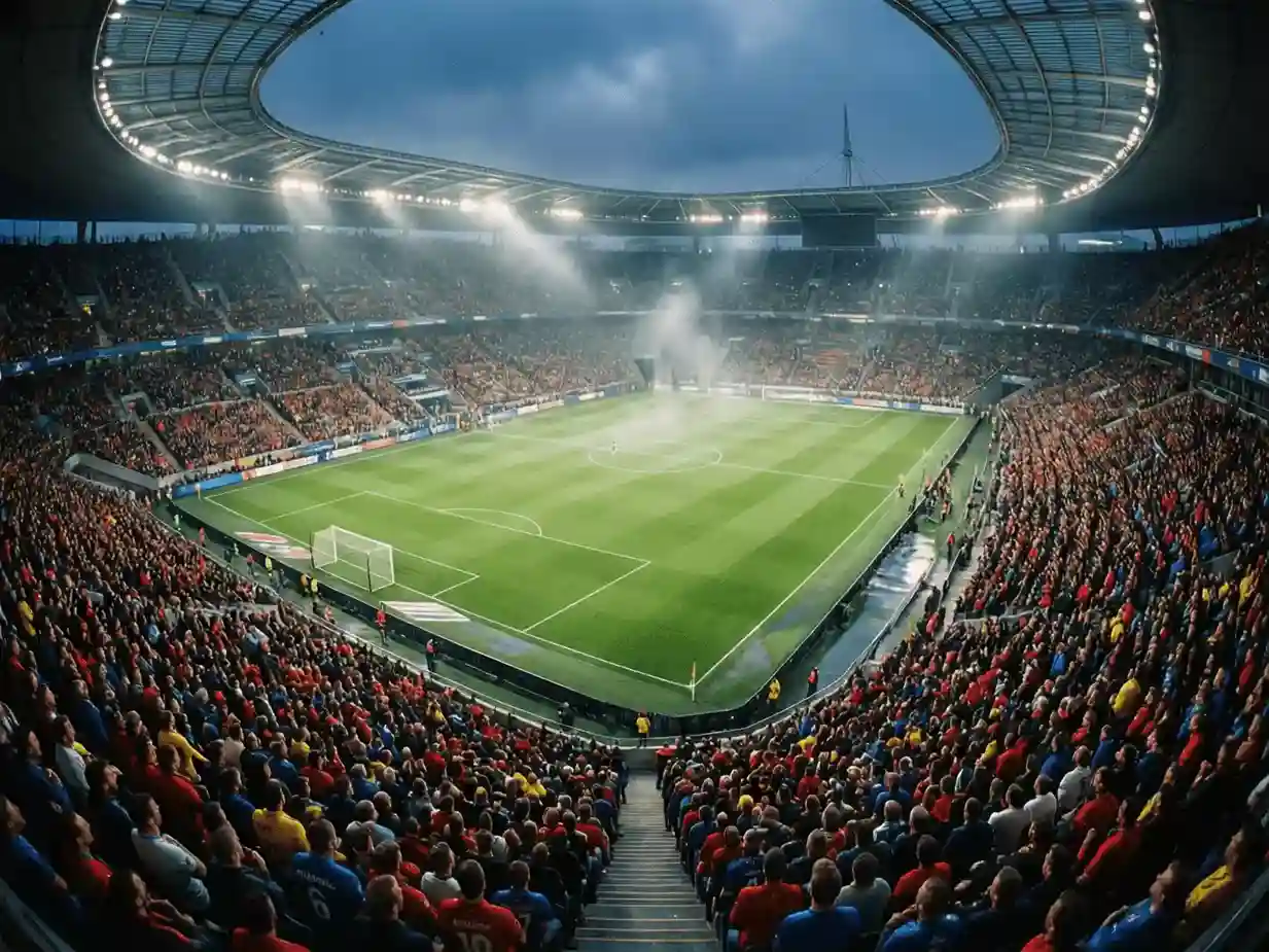 Vista panorámica de un estadio europeo de fútbol durante un partido nocturno con ambiente eléctrico